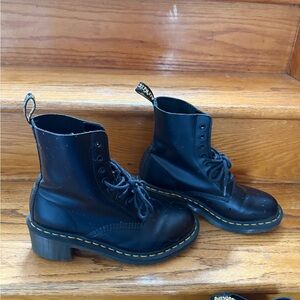 Dr. Martens Black Leather Lace-Up Chunky Heel Boots with Yellow Stitching